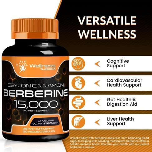 Berberine Supplement 15,000mg - Berberine with Ceylon Cinnamon, Liposomal Berberine Supplement Organic, Berberine Supplements, Metabolism, Cholesterol - 120 Capsules in Saudi Arabia