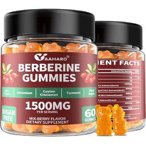 Berberine with Ceylon Cinnamon Gummies - Berberine Supplement for Immune Support - Organic Berberine 1500mg for Women & Men - Sugar Free Gummies w/Chromium,Turmeric and Milk Thistle - 60 Gummies