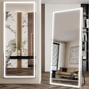 Antok LED Full Length Mirror, 71" x 28" Lighted Floor Standing LED Mirror Full Length,Hanging Mirror with Stand Free Standing Floor Mirror for Bedroom (Rect)
