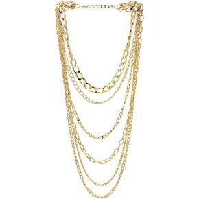 COOLSTEELANDBEYOND Statement Necklace Waterfall Multi-Strand Curb Link Rolo Chains, Punk Rock Cool, Light Weight