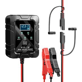 Doohoeek 1.5A Smart Battery Charger with LCD Display, 6V & 12V Battery Maintainer & Trickle Charger for Cars, Lawn Mowers, Motorcycle & ATV, Float Charger Lead-Acid and Lithium Battery Charger