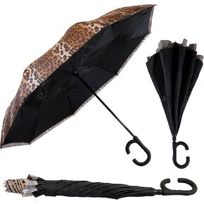 The Leopard 46" Inverted Inside Out Windproof Auto Open Leopard Print Reversible Compact Umbrella with C-Shaped Handle, Self Standing Reverse Umbrella, Strong Fiberglass Umbrella for Women & Men