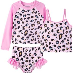 Girls Swimsuit 3 Piece Bathing Suit for 3-10 Years Kids Rash Guard Set Long Sleeve Tankini Swimwear