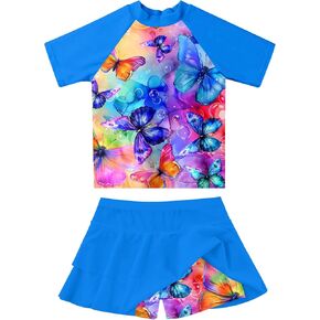 Girls Rash Guard Swimsuit 2 Piece Short Sleeve Bathing Suit Size 6-11