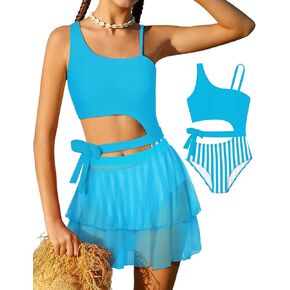 Girls One Piece Swimsuits One Shoulder Stripe Bathing Suit with Ruffle Mesh Skirt Side Tie Cut Out Swimwear 9-16Y