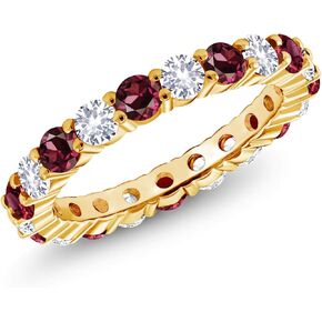 Gem Stone King 1.20 Cttw Round Red Rhodolite Garnet and White Created Sapphire 18K Yellow Gold Plated Silver Eternity Band Ring | Available In Size 5, 6, 7, 8, 9