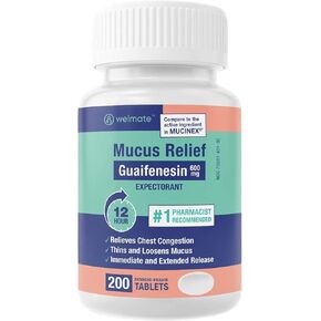 WELMATE | Mucus Relief | Guaifenesin 600mg | 12 Hr Support | Temporary Relief from Cough, Nasal & Chest Congestion, Infections, Colds, & Allergies | Expectorant | Extended-Release Tablets | 200 Ct