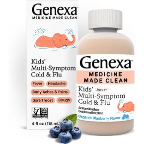 Genexa Kids' Multi-Symptom Cold & Flu Relief, Dye Free, 0% Artificial Additives, Children's Liquid Pain, Fever and Cough Medicine, for Kids 4-11, Delicious Organic Blueberry Flavor, 4 fl oz
