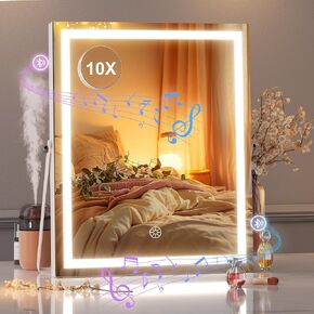Hasipu Vanity Mirror with Lights, 24.2" x 18.9" LED Make up Mirror, Light up Mirror with 10X Magnification and USB Charging Port, Phone Holder, Smart Touch 3 Colors Dimmable, 360° Rotation (White)