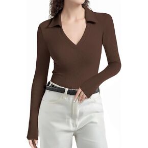Long Sleeve Polo Shirts for Women V Neck Business Casual Work Tops Collared Shirts Slim Fit T-Shirts Fall Clothes