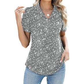Women's Polo Shirts Short Sleeve V Neck Summer Business Casual Pleated Blouses Collared Tops