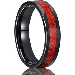 Tungsten Carbide Rings for Men and Women 8mm/6mm Hammered Inlaid with Red Opal Men's Engagement Wedding Bands High Polish