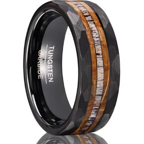 Tungsten Carbide Rings for Men 8mm Black Hammered Whiskey Barrel Wood & Elk Antler Inlay Men's Engagement Wedding Bands Matte Brushed