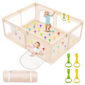 Baby Playpen with Mat 79x71inch - Extra Large Playpen for Babies and Toddlers Indoor & Outdoor Baby Playpen with Soft Breathable Mesh Cover - Sturdy Foam Baby Gate Playpen(Apricot)