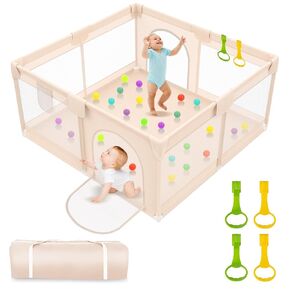 Baby Playpen with Mat 79x71inch - Extra Large Playpen for Babies and Toddlers Indoor & Outdoor Baby Playpen with Soft Breathable Mesh Cover - Sturdy Foam Baby Gate Playpen(Apricot)