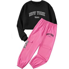 Girls Long Sleeve Letter Graphic Sweatshirts Drop Shoulder Pullover Tops and Sweatpants Leggings Tracksuit