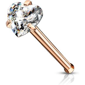 20 Gauge Prong Set Heart CZ Top 316L Surgical Steel Nose Bone Stud Rings (Choose Color)