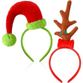Hoteam 2 Pcs Green Furry Christmas Hat Headband and Dog Antler Horn Headpiece Lime Green Headband dog reindeer costume for Christmas Women Men Dog Costume Accessories Decor