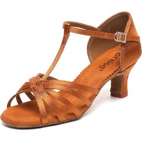 Satin Dance Shoes for Women, Ballroom Dance Shoes Low Heels, Prom Shoes for Woman Dancing, Latin Salsa Dance Heels, Open Toe Ankle T-Strap Sandals, Wedding Dressy Shoes, Suede Sole