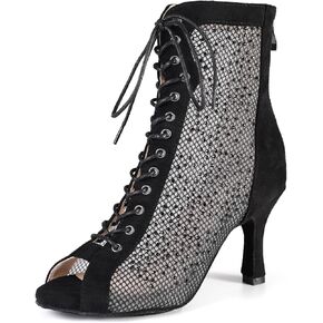 HROYL Women Peep Toe Mesh Lace up Ankle Boots Rhinestone Latin Ballroom Salsa Dancing Heels Boots,DS-7180