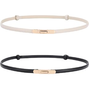 AWAYTR Women Skinny Leather Belt - 2 Pack Adjustable Thin Leather Belt for Jeans Dress with Gold Buckle