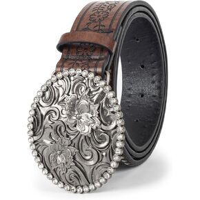 Womens-Western-Belt Rhinestone-Cowboy-Cowgirl Belt - Embossed PU-Leather Belt with Diamond Flower-Buckle(for 28-38'')