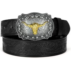 Women Men Western Belts Cowboy Cowgirl Country Belt Longhorn Bull Buckle Floral Embossed Belt for Jeans Dresses