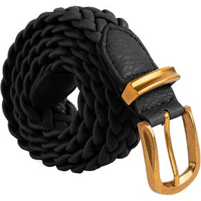 Belle Poque Womens Leather Braided Belts For Jeans Dresses Pants 1.2 Inch Wide Elastic Waist Woven Belt with Gold Buckle