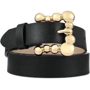 Genuine Leather Belt for Women Black Real Leather With Gold Bubble Buckle Luxury Casual Fashion Belts