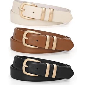 LEACOOLKEY 3 Pack Women Leather Belts for Jeans Gold Buckle Fashion Ladies Leather Belt for Dresses