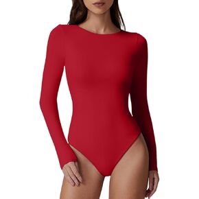 QINSEN Womens Crew Neck Long Sleeve Bodysuit Double Lined Body Suits Basic T-Shirt Tops
