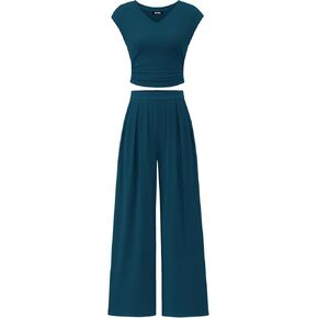 BTFBM Women's 2 Piece Outfits 2025 Summer V Neck Cap Sleeve Ruched Top and Wide Leg Pants Rib Knit Lounge Matching Sets