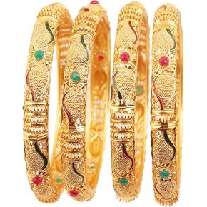 Touchstone Golden Bangle Collection Indian Bollywood Desire Beautifully Carved Conch Shell Inspired Thick Designer Jewelry Bangle Bracelets. Set of 4. in Gold Tone for Women