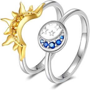 Sterling Silver Moon Sun Rings Set Stackable Matching Ring Friendship Couples Mother Daughter Promise Jewelry Gifts for Women Bff