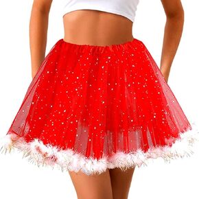 Christmas Tutu Skirt Red Tutus Women 3 Layered Tulle Tutu Skirts Sparkly Stars Skirt Xmas Festival Fluffy Edge Tutus Skirt for Women