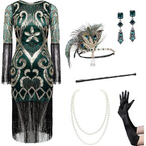 BABEYOND 1920s Flapper Dress Set Long Fringe Gatsby Dress Roaring 20s Sequin Beaded Dress Vintage Art Deco Dress