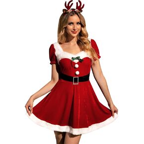 Spadehill Women Christmas Sexy Santa Costume Mrs Claus Puff Sleeve Party Velvet Dress