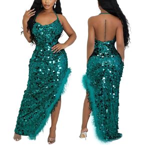 VJJ AIDEAR Women's Spaghetti Straps V Neck Sparkly Glitter Ruched Backless Formal Evening Gowns with Slit