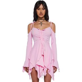 Dolls Kill F is for Fairies Handkerchief Dress by Current Mood - Off-Shoulder, Custom Fit Dress, Perfect for Fairycore Fashion - Pink, Medium