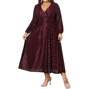 ZNU Women Plus Size Long Formal Dress Jacquard Mesh V Neck Dress, Elegant Gowns Church Evening Cocktail Maxi Dress Outgoing