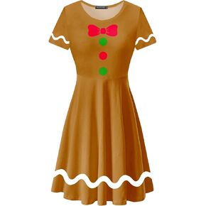 Deerose Christmas Short Sleeve Dresses Women Xmas Elastic Waist Midi Dresses Casual Tunic Dress