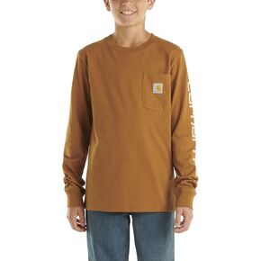Carhartt Boys' Long Sleeve Crewneck T-Shirt with Pocket, Brown