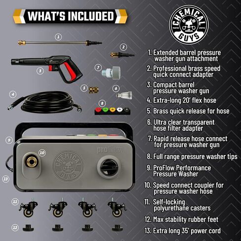 Chemical Guys EQP408 ProFlow Performance Electric Pressure Washer PM2000, 14.5-Amp, 2030 Max PSI, Max 1.77 GPM, Includes 5 Full Range QC Tips, Cleans Cars, Patios, Driveways, Homes and More in Saudi Arabia