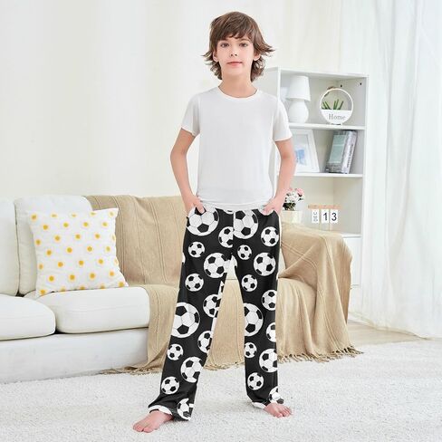 Boys Pajama Pants Traditional Black White Soccer Ball Elastic Waist Lounge Pajama Bottoms with 2 Pockets Sleep Pjs M in Saudi Arabia