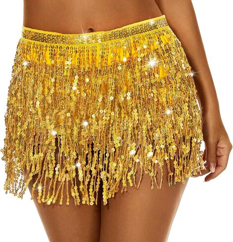 Women's Sequin Fringe Skirt Sparkle Tassel Skirts Belly Dance Hip Scarf for Girls Halloween Party Rave Costume in Saudi Arabia