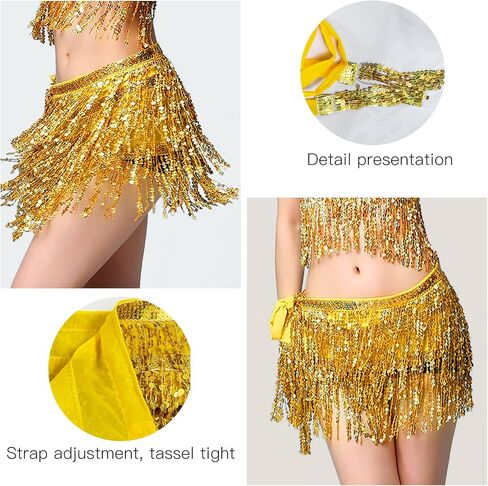 Women's Sequin Fringe Skirt Sparkle Tassel Skirts Belly Dance Hip Scarf for Girls Halloween Party Rave Costume in Saudi Arabia