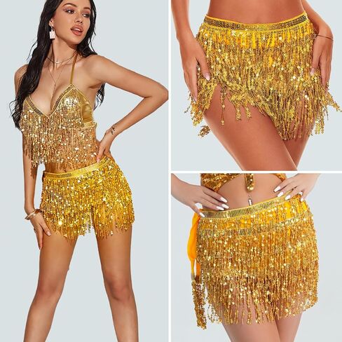 Women's Sequin Fringe Skirt Sparkle Tassel Skirts Belly Dance Hip Scarf for Girls Halloween Party Rave Costume in Saudi Arabia