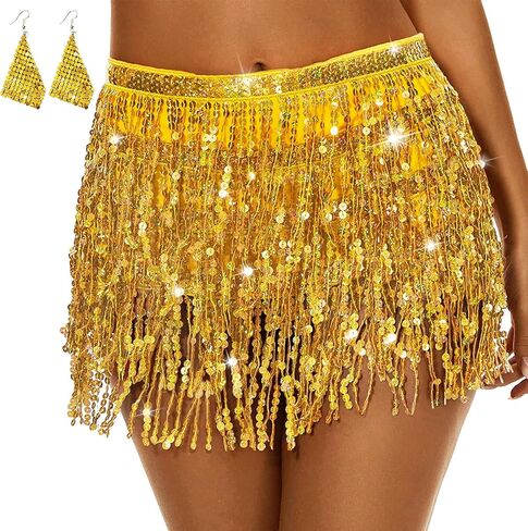 Women's Sequin Fringe Skirt Sparkle Tassel Skirts Belly Dance Hip Scarf for Girls Halloween Party Rave Costume in Saudi Arabia