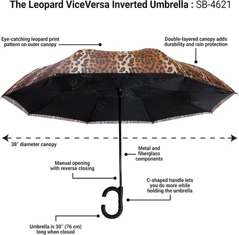 The Leopard 46" Inverted Inside Out Windproof Auto Open Leopard Print Reversible Compact Umbrella with C-Shaped Handle, Self Standing Reverse Umbrella, Strong Fiberglass Umbrella for Women & Men in Kuwait