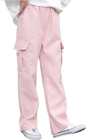 Girl's Elastic Waist Straight Leg Cargo Pants Casual Baggy Long Trousers Sweatpants with Pocket in Saudi Arabia